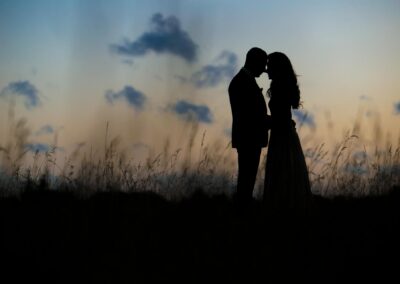 Couple silhouette kissing at sunset in open field with soft golden sky background.