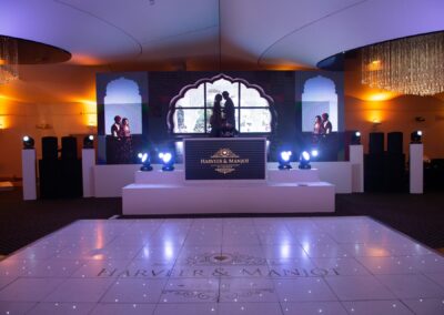 Wedding stage with couple’s silhouette and DJ setup showing Harveer and Manjot’s name.