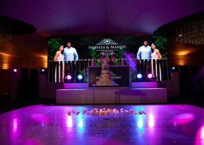 Wedding stage with cake and couple’s photo projected on screen with purple lighting.
